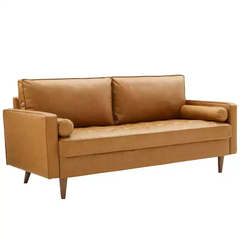 Divano in ecopelle imbottito color cuoio, stile Mid-Century Modern, 4 posti, struttura in legno