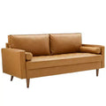 Divano in ecopelle imbottito color cuoio, stile Mid-Century Modern, 4 posti, struttura in legno