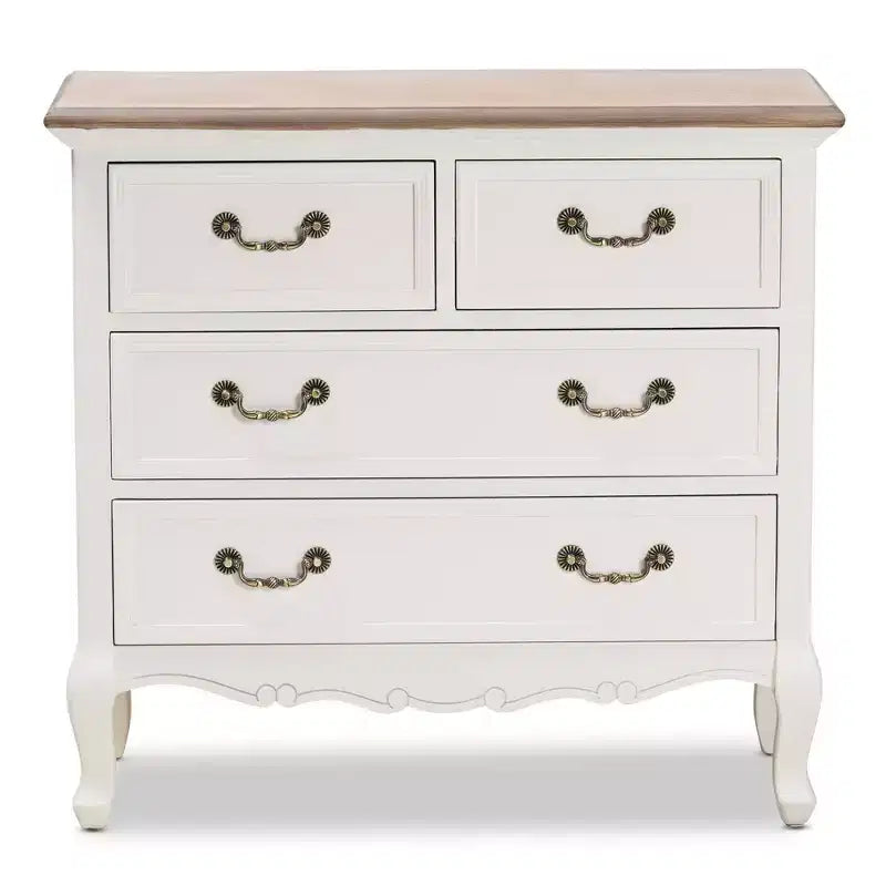 Cassettiera a 4 cassetti, bianca/rovere, stile provenzale, maniglie in ottone, completamente assemblata