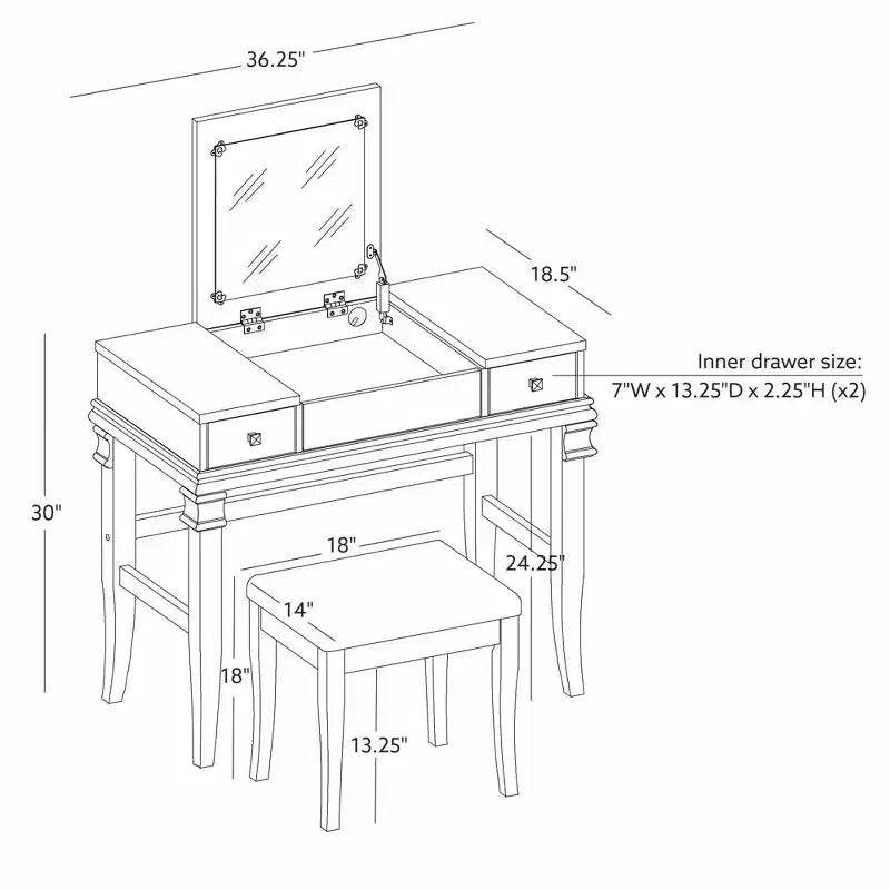 Tradizionale Toeletta con Specchio Sollevabile a 2 Cassetti in Legno e Sgabello Imbottito Bianco