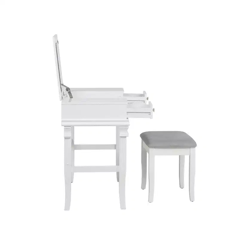 Tradizionale Toeletta con Specchio Sollevabile a 2 Cassetti in Legno e Sgabello Imbottito Bianco