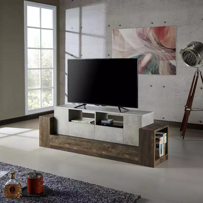 Mobile TV per TV fino a 80" con finitura cemento/rovere di recupero, consolle multimediale industriale con spazio di archiviazione