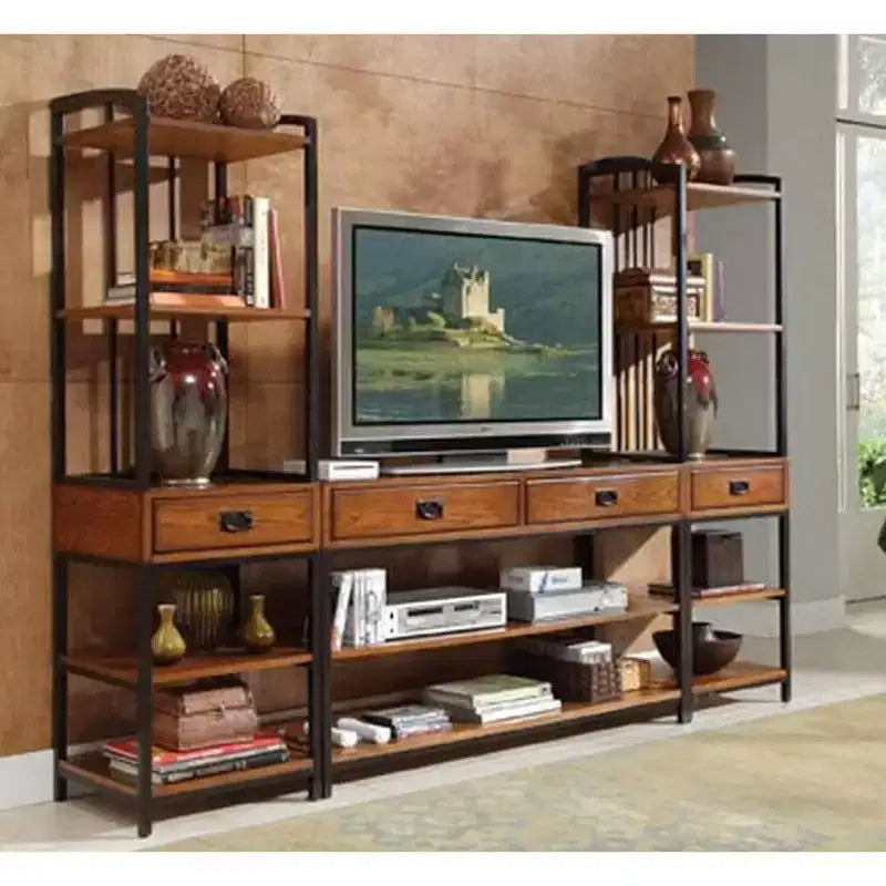 Mobile TV moderno in rovere stile Artigiano con credenza e scaffali, per TV fino a 60 pollici
