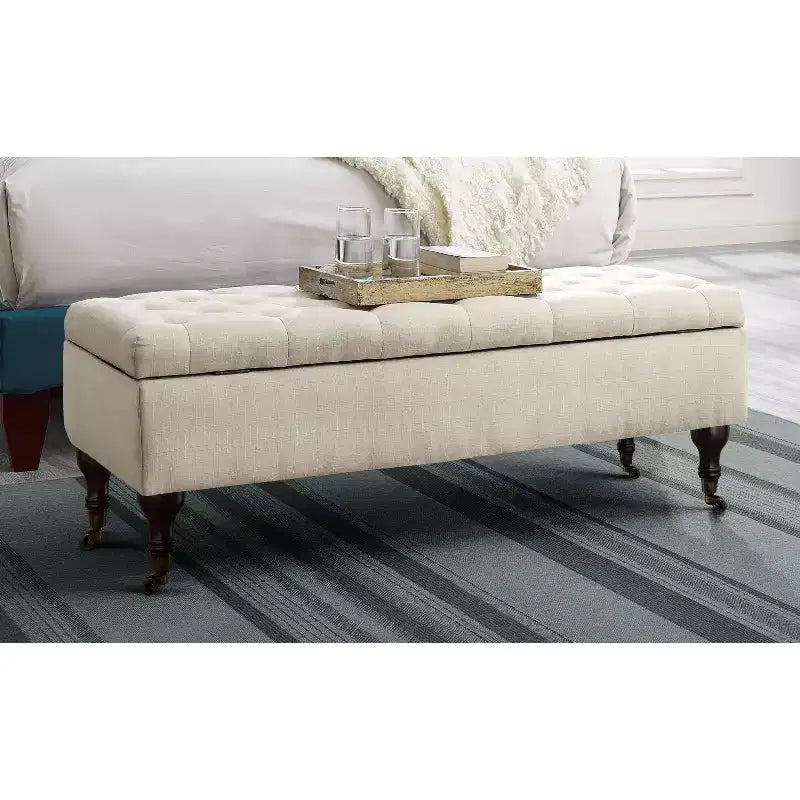 Panca trapuntata con contenitore color crema, stile moderno di metà secolo, rivestimento in poliestere, struttura in legno