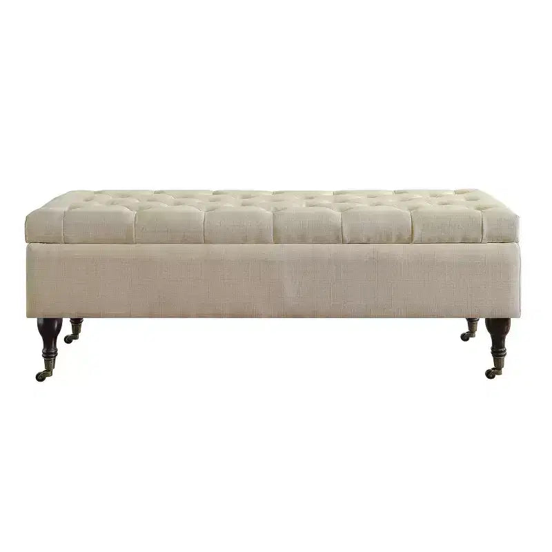 Panca trapuntata con contenitore color crema, stile moderno di metà secolo, rivestimento in poliestere, struttura in legno