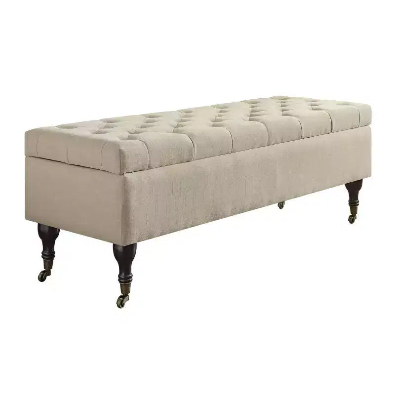 Panca trapuntata con contenitore color crema, stile moderno di metà secolo, rivestimento in poliestere, struttura in legno