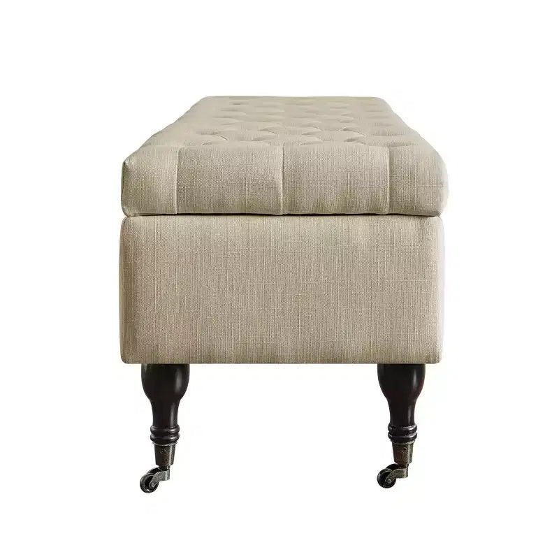 Panca trapuntata con contenitore color crema, stile moderno di metà secolo, rivestimento in poliestere, struttura in legno