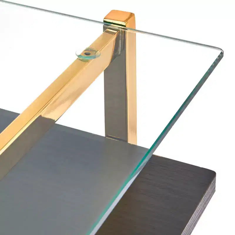 Scrivania in vetro Mid-Century oro brillante: eleganza moderna, struttura in metallo, ripiano portaoggetti aperto