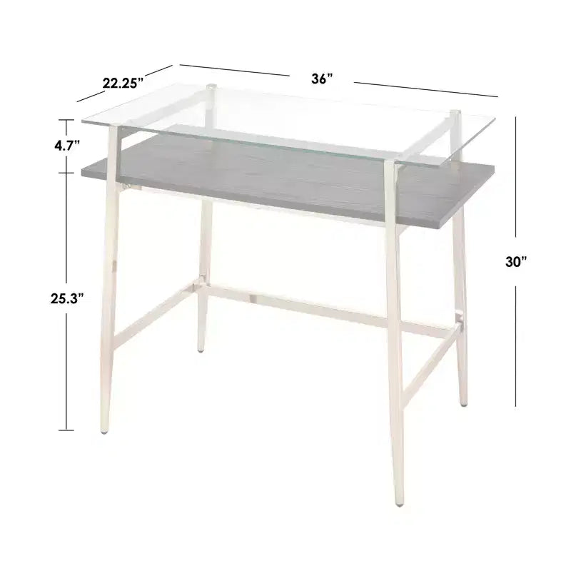 Scrivania in vetro Mid-Century oro brillante: eleganza moderna, struttura in metallo, ripiano portaoggetti aperto