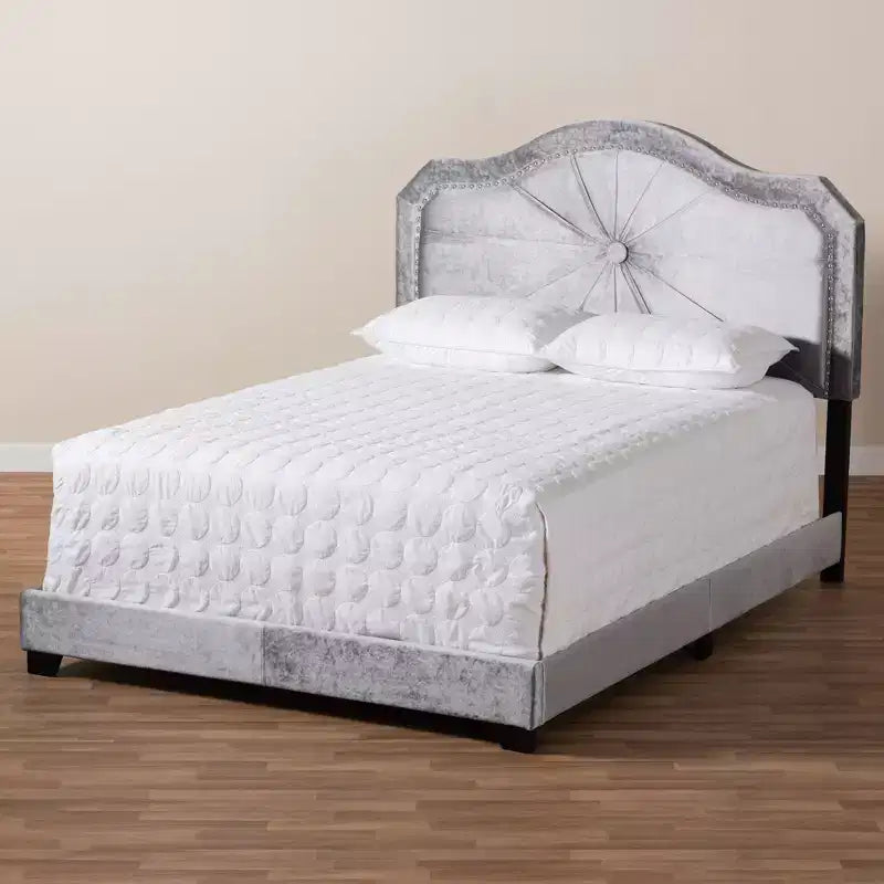 Letto matrimoniale in velluto grigio imbottito, design trapuntato moderno, finitura lucida, imbottitura in schiuma, telaio in MDF