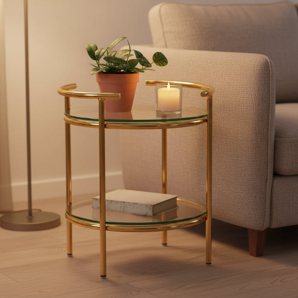 Rhonda Side Table Gold/Clear Glass - LumiSource: Art Deco, Tiered Design, Oval Shape, 22" Height