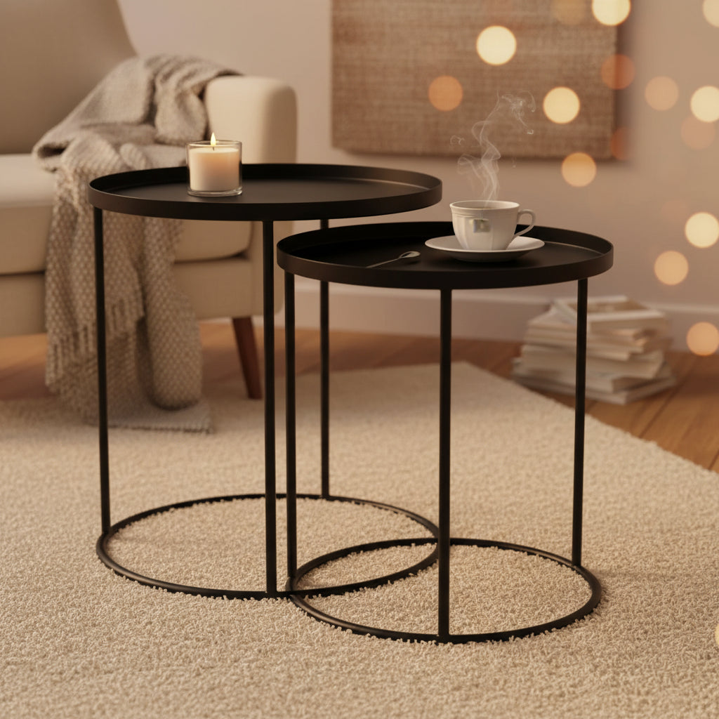 2pc Lipton Metal Nesting Table Black - WyndenHall: Industrial Style, Round, Removable Tray, Sleek Legs