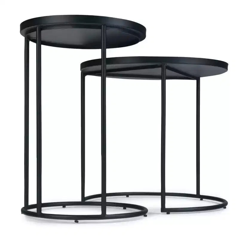 Tavolino Nido in Metallo Nero Stile Industriale, Rotondo, Vassoio Rimovibile, Gambe Affusolate