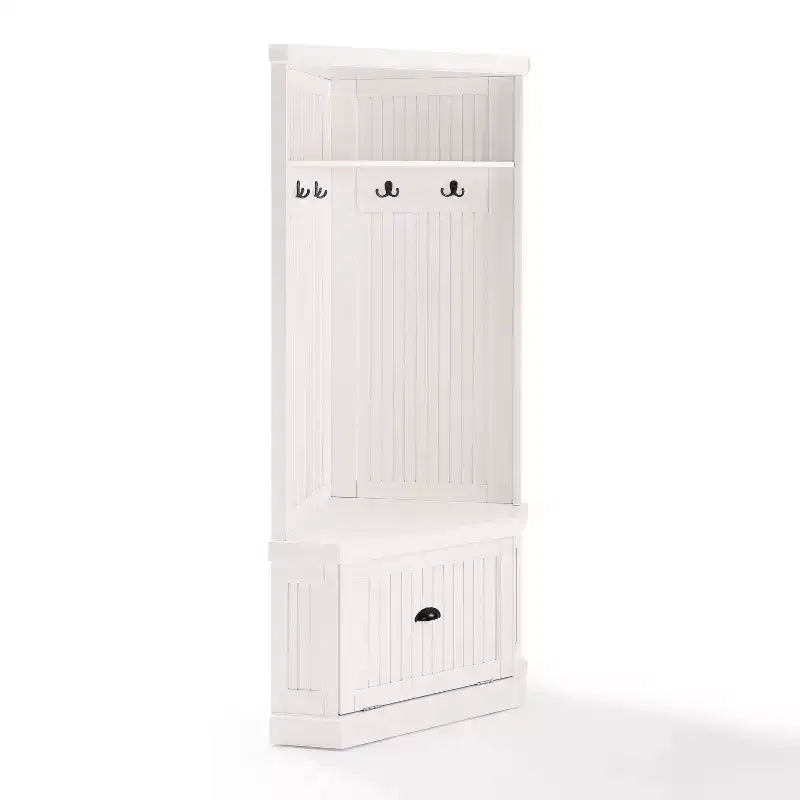 Seaside Corner Hall Tree Distressed White - Crosley: Entryway Organizer with Shoe Storage, 4 Hooks