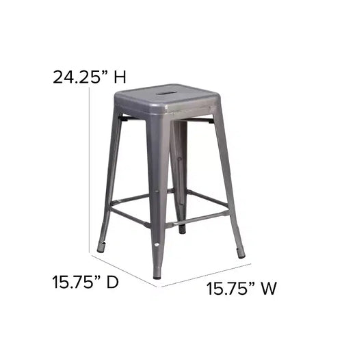 Sgabello da interno da 24'' con altezza bancone, senza schienale, finitura argento antico con rivestimento trasparente e seduta quadrata