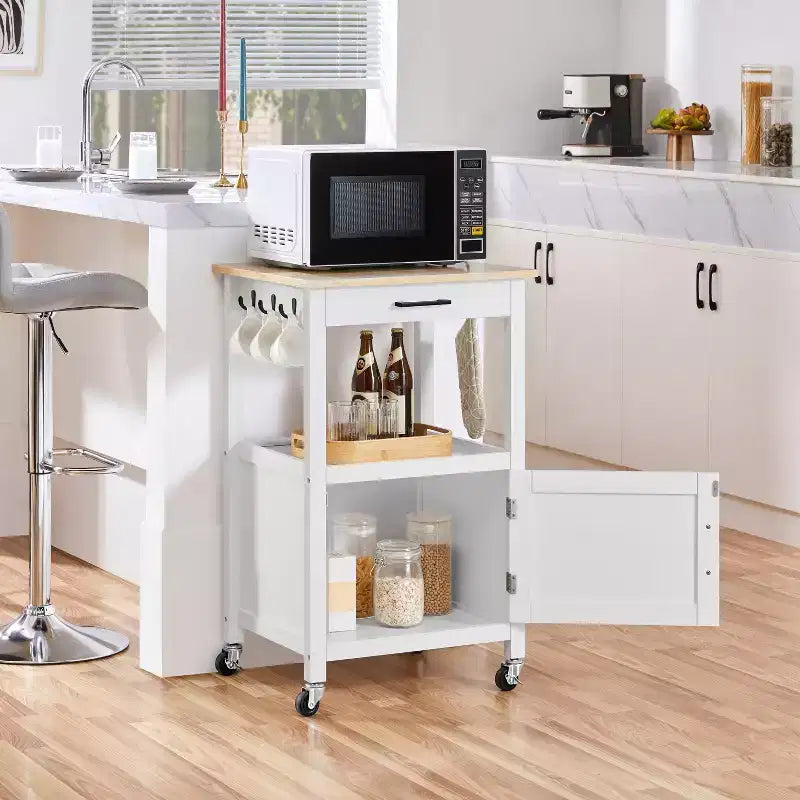 Carrello da cucina con isola su ruote con ripiano aperto e armadietto