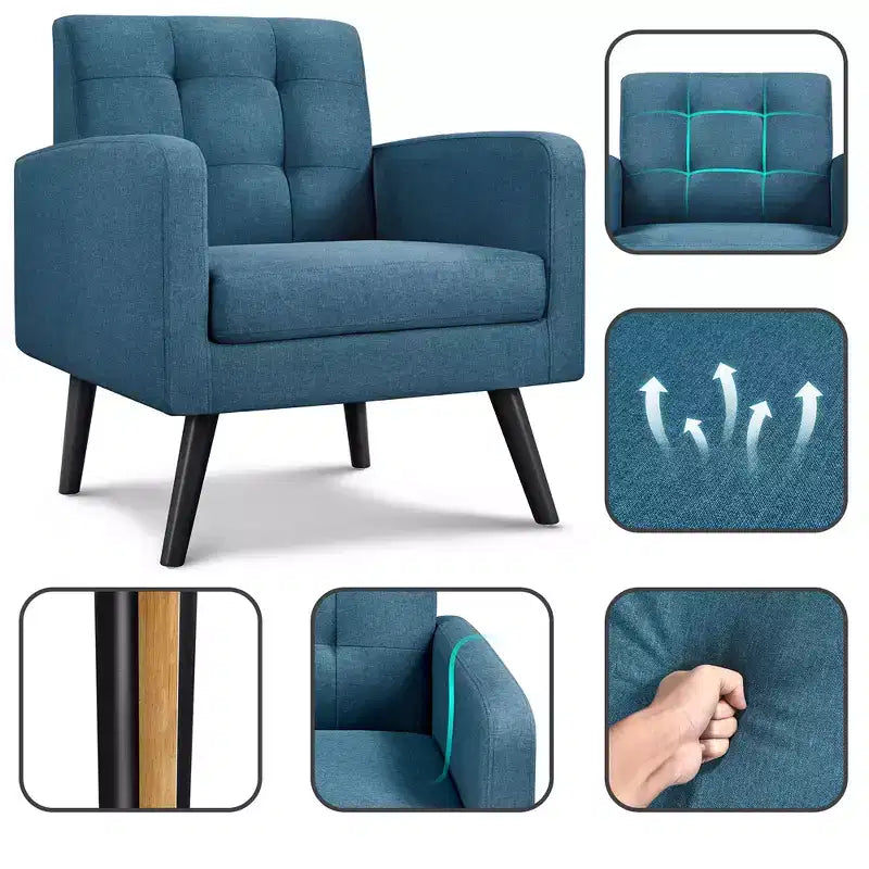 Poltrona moderna, poltrona decorativa in tessuto trapuntato con gambe in legno di gomma