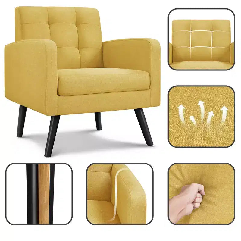 Poltrona moderna, poltrona decorativa in tessuto trapuntato con gambe in legno di gomma