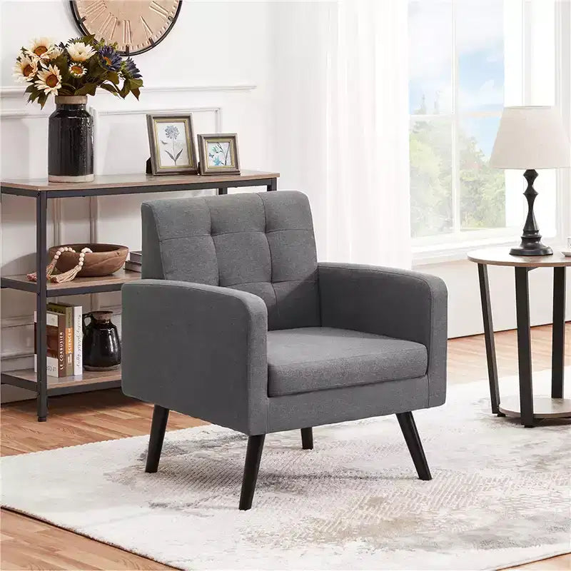 Poltrona moderna, poltrona decorativa in tessuto trapuntato con gambe in legno di gomma
