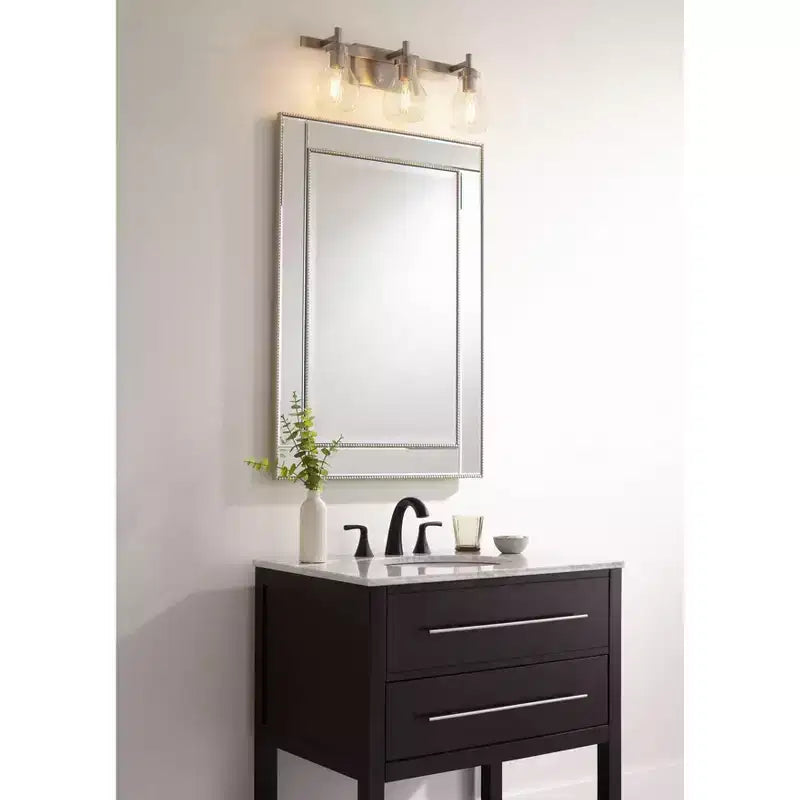 Specchio da parete decorativo rettangolare, moderno con bordo smussato, cornice perline color champagne, 68,5 cm di larghezza, per bagno, camera da letto, soggiorno, ufficio